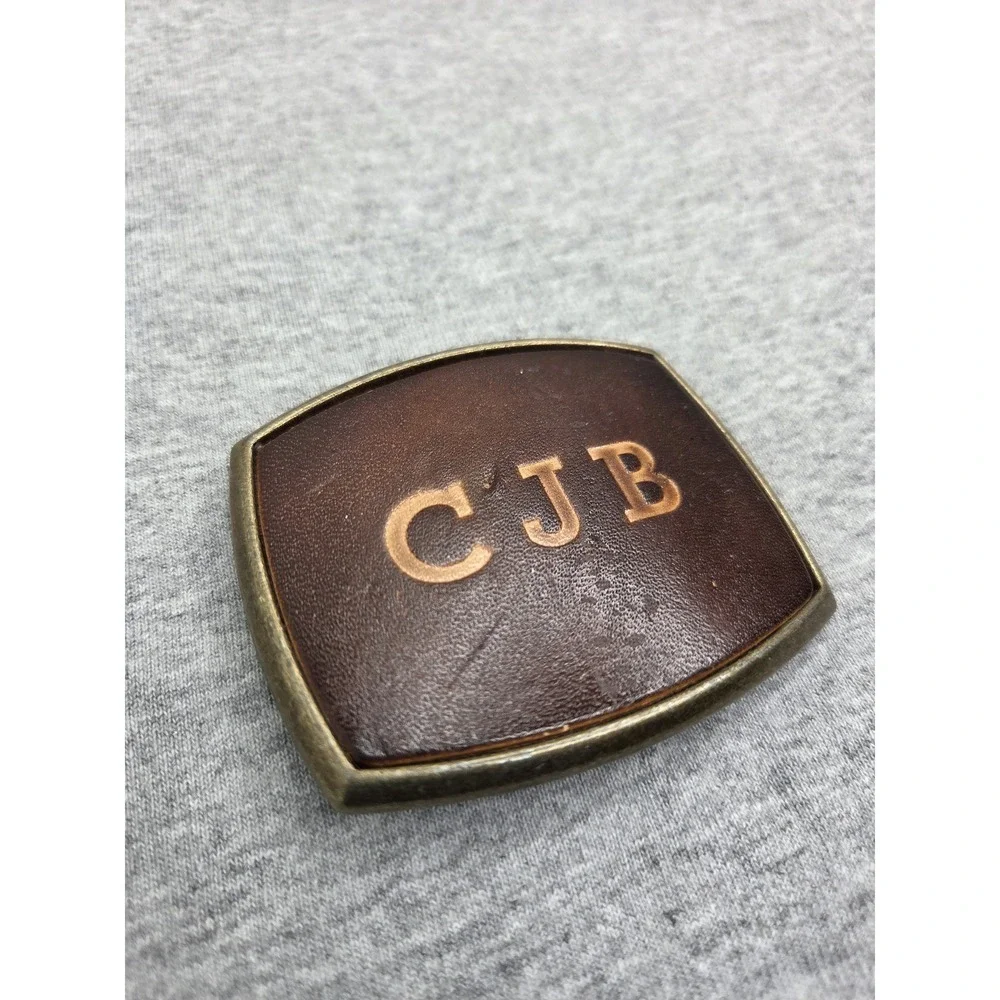 Vintage Initials CJB El Cid Solid Brass Leather Embossed Belt Buckle Western